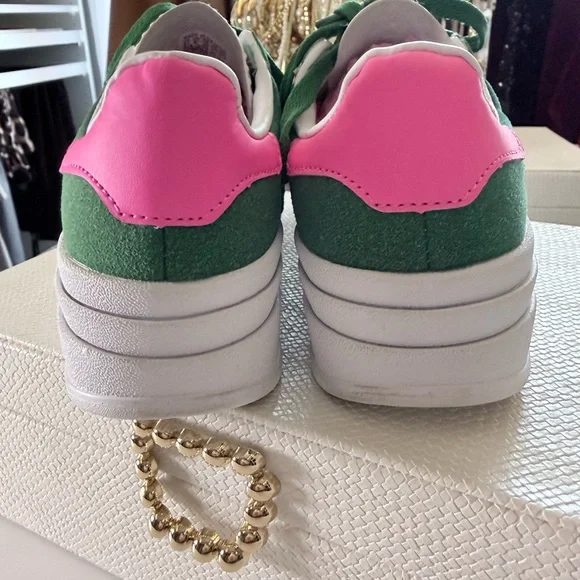 Adidas Women's Gazelle Green and Pink Sneakers - Picture 2 of 6